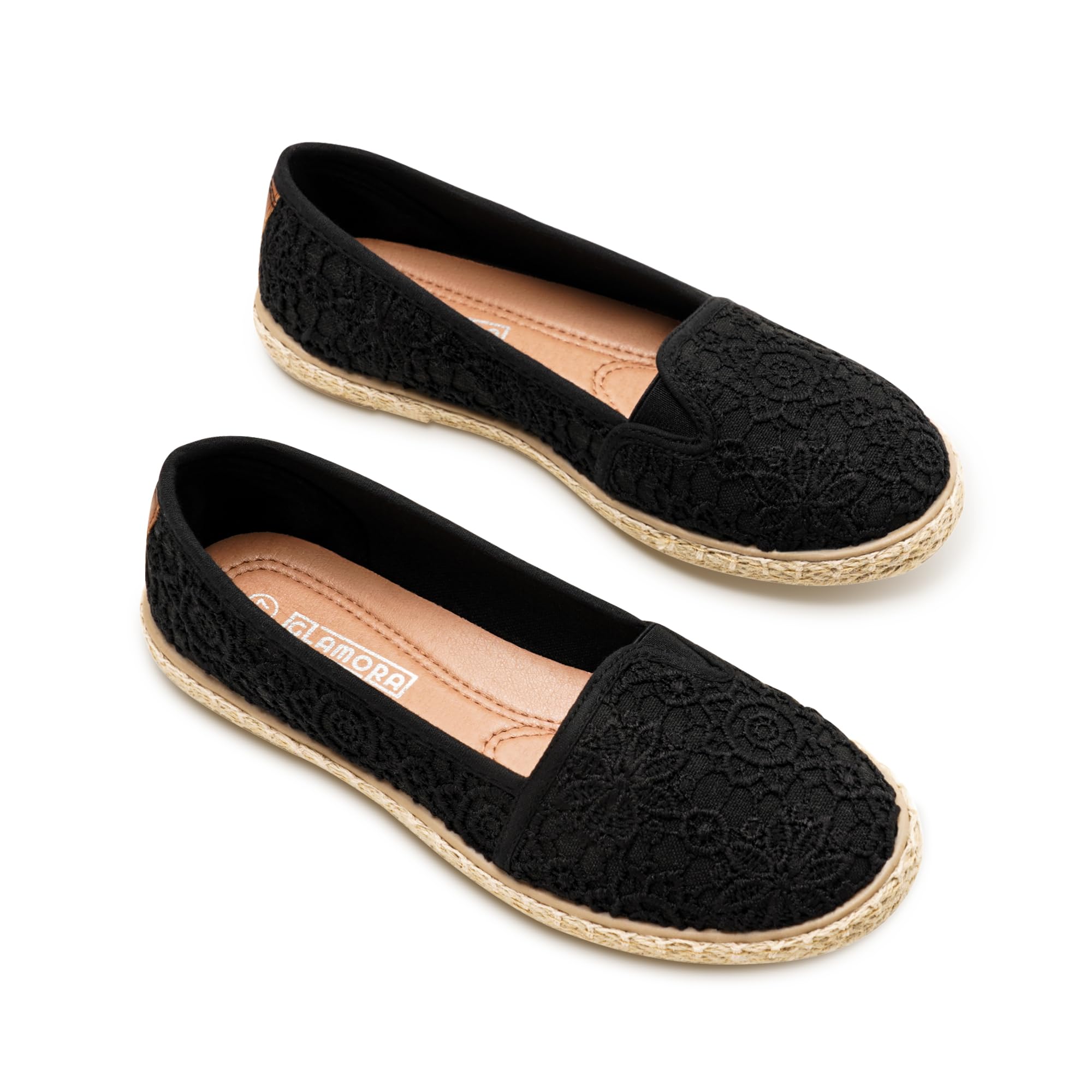 GLAMORA Espadrilles Femme Ballerines Dentelle Chaussures Plates Slip-on Respirantes Semelle Caoutchouc Souple Confort Léger Tissu Tricoté Brodé Fleur Antidérapantes