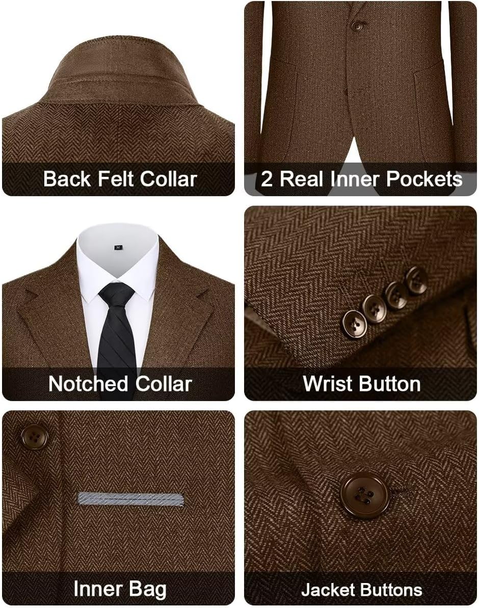 Retro Men's Tweed Herringbone Slim Blazer Suit Jacket Casual | Retro Tweed Men's Suit Blazer Herringbone Slim Fit Sport Coats Jackets Prom Business Casual Men Tux Jacket Wedding Blazers