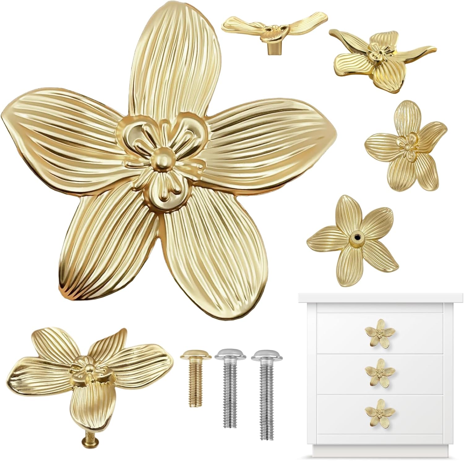 Remunkia Drawer Knobs 6-Pack, Zinc Alloy Flower Cabinet Knobs, Gold Dresser Knobs, Cabinet Handles, Unique Dresser Handles and Cabinet Hardware for Dresser, Wardrobe, Closet (Petal, 6)
