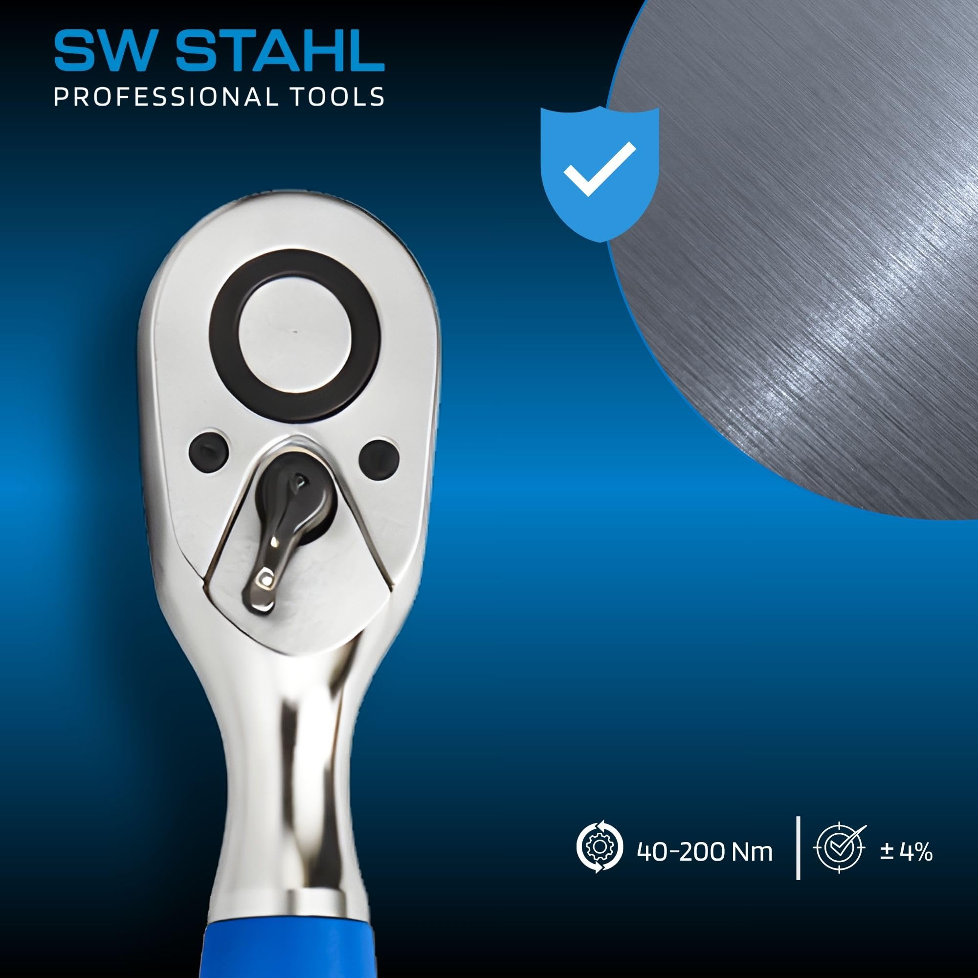 SW-Stahl 03874L Drehmomentschlüssel 1/2 Zoll, 40-200 Nm, Radschlüssel | PKW-Knarre mit 48 Zähnen für Reifenwechsel, Chrom-Vanadium Stahl, ±4% Genauigkeit, 520 mm Länge, umschaltbare Ratsche