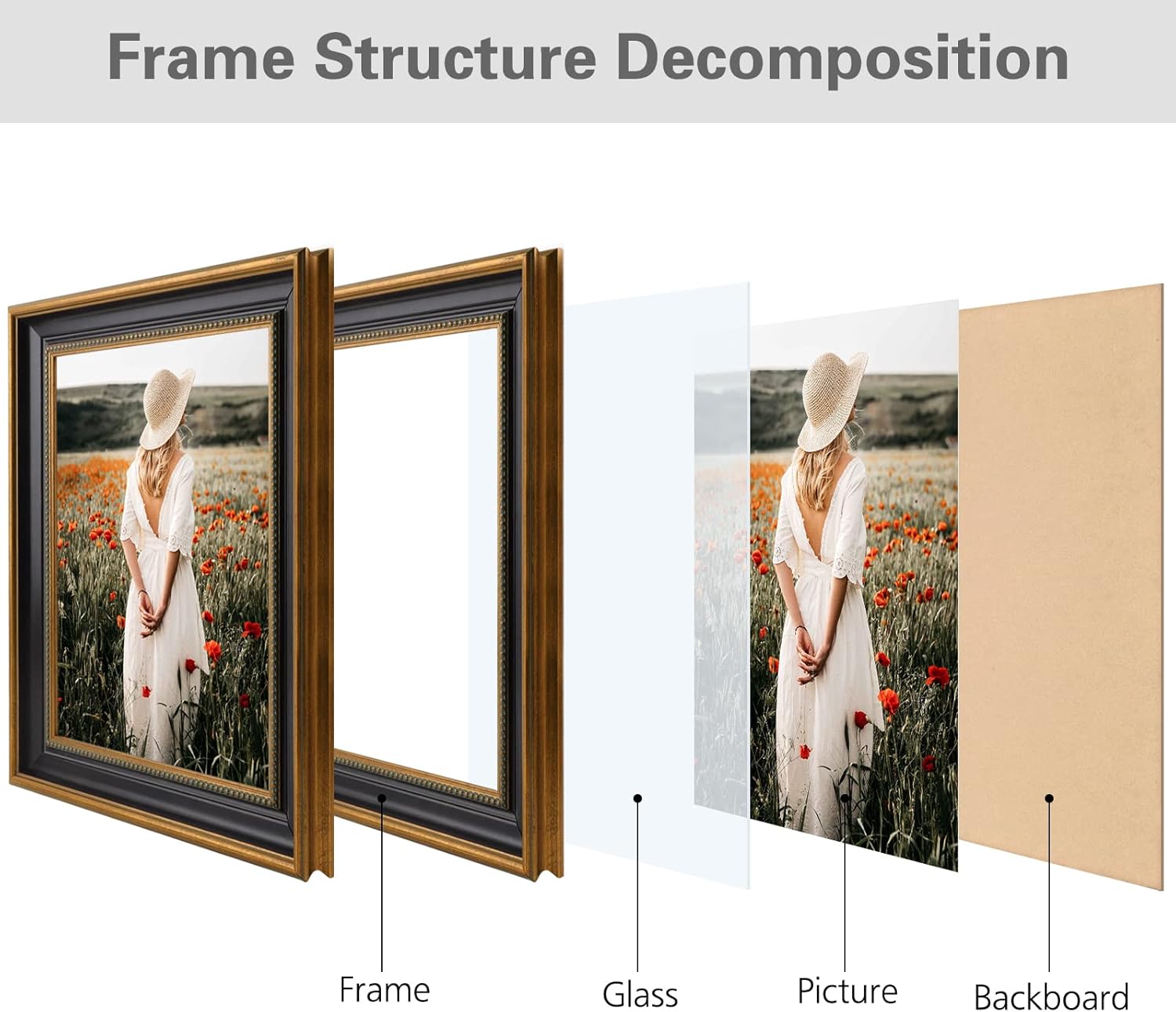 Space Art Deco,11x14 Picture Frame for 11 x 14 Photo,Real Glass Sawtooth Hangers Wall Mount Display(Color Black/Ornate Gold)