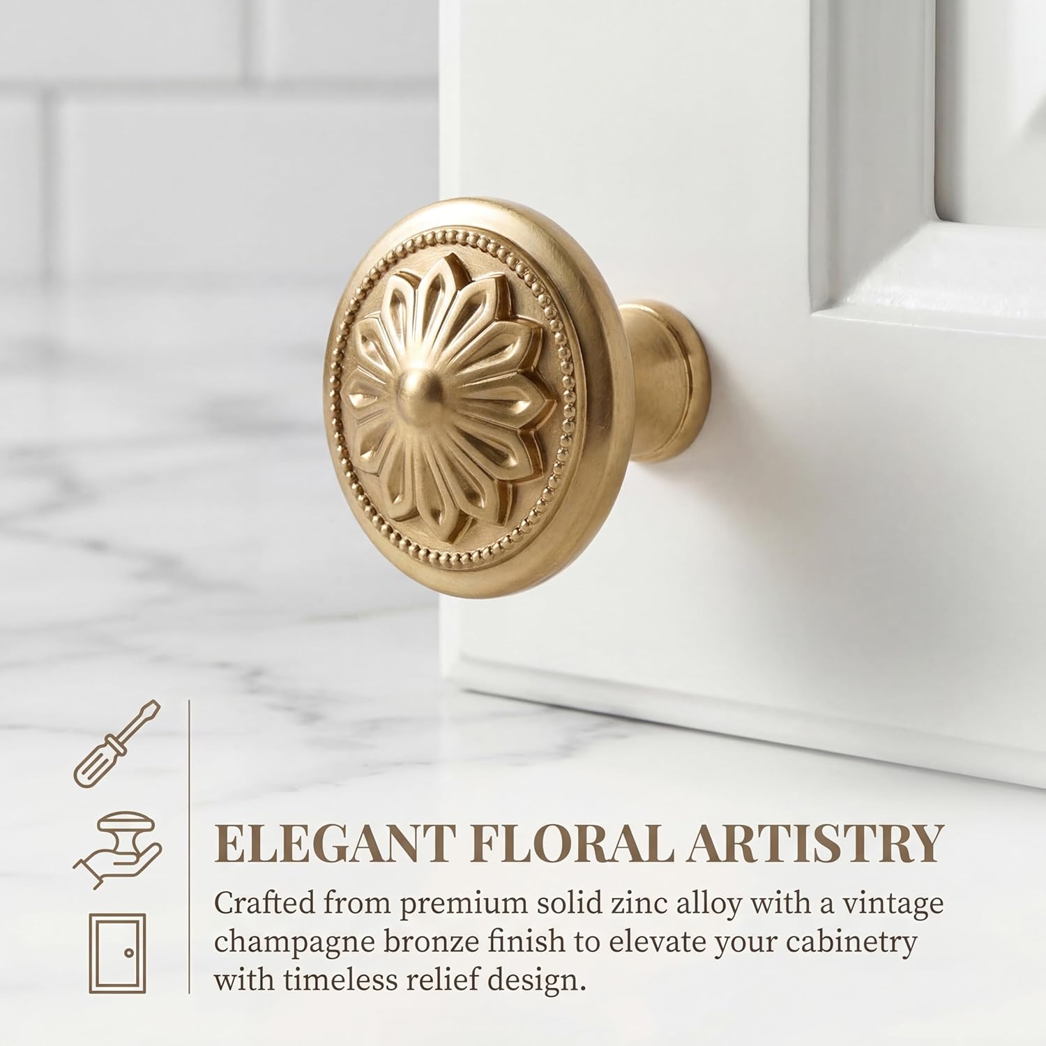 DWYL & LWYD Cabinet Knobs 10 Pack,Champagne Bronze Solid Zinc Alloy Flower Pattern,1-2/5"Dia Round Bronze Kitchen Cabinet Handles for Cabinets, Vintage Dresser Drawer Knobs