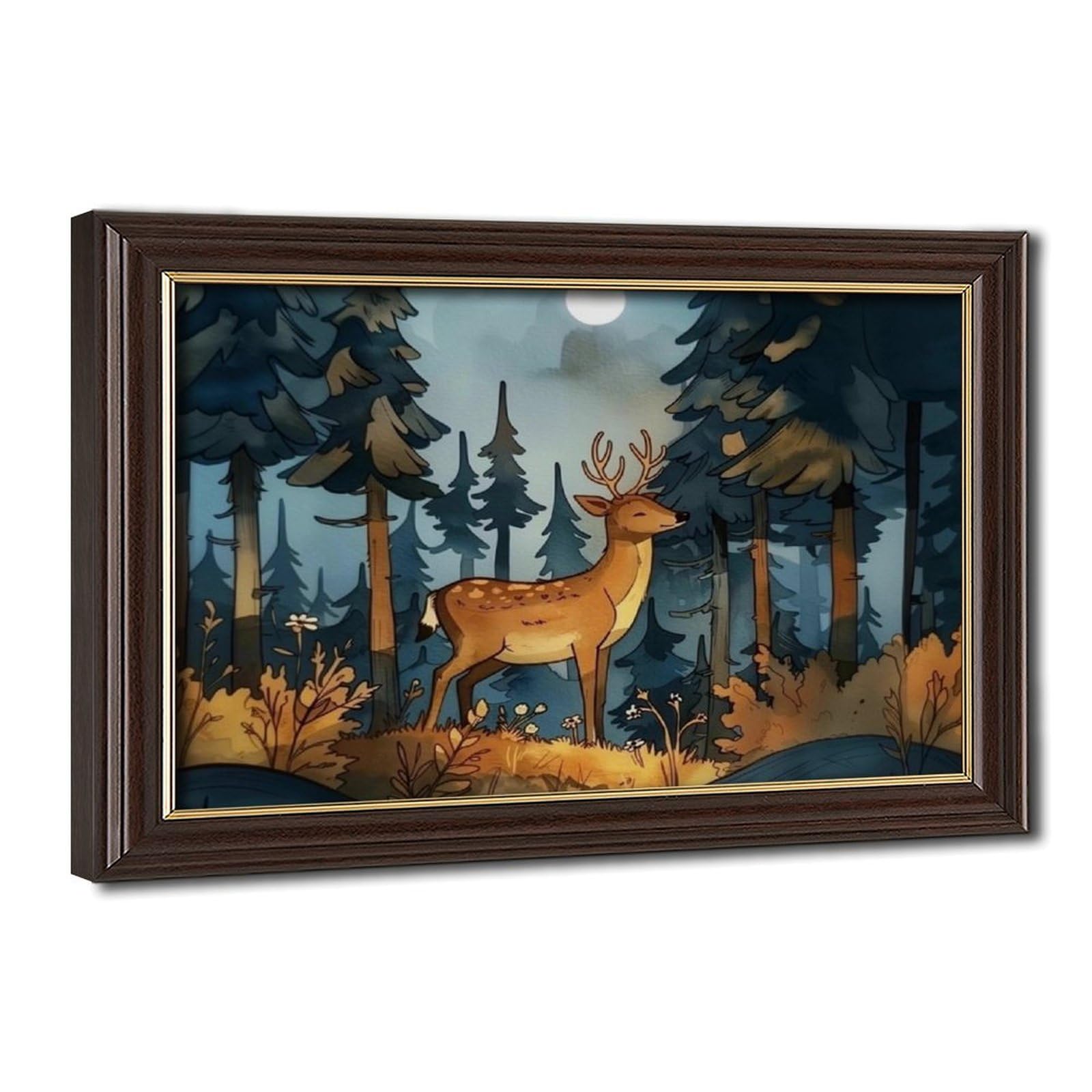 Bareronor Mokume Gane Frame-Style Deer Forest Moon Canvas Poster For Bedroom Decor Gift