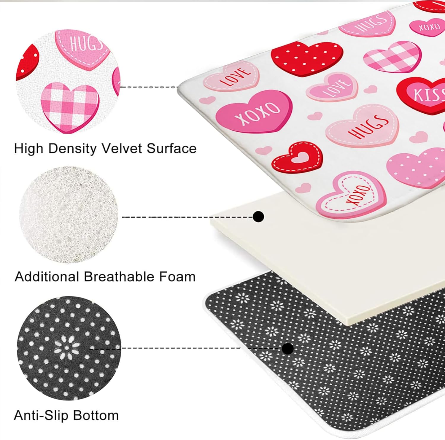 Valentines Shower Curtain Set Cute Love Pink Hearts Shower Curtain for Valentines Decor Sweetheart Bathroom Set with Non-Slip Washable Bath Rugs, Toilet Lid Cover (Pink, 72"W x 72"L (Pack of 1))