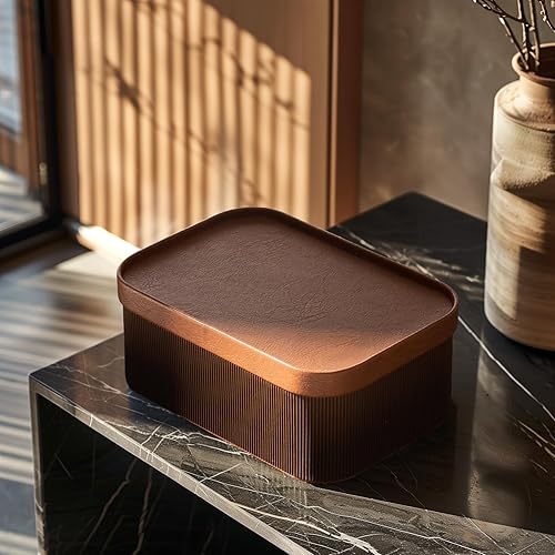 Miniatura 2 de La Jolie Maison Cestas de almacenamiento de cartón estriado con tapas similares al cuero, resistentes cajas de papel apilables bandeja decorativa,