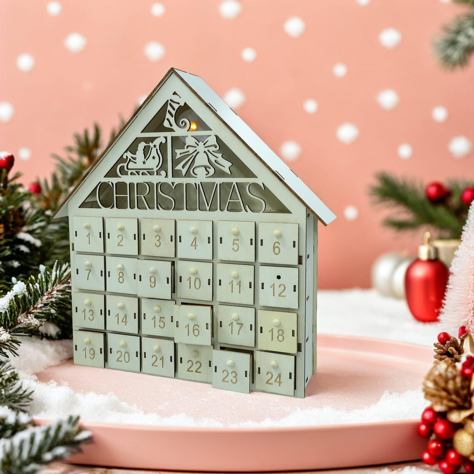 Gatuida Calendario de Adviento de Navidad de Madera con 24 Cajones Reutilizable y LED Iluminado Casita Navideña para Mesa con Cuenta Atrás para Navidad 2026 Decoración Festiva para