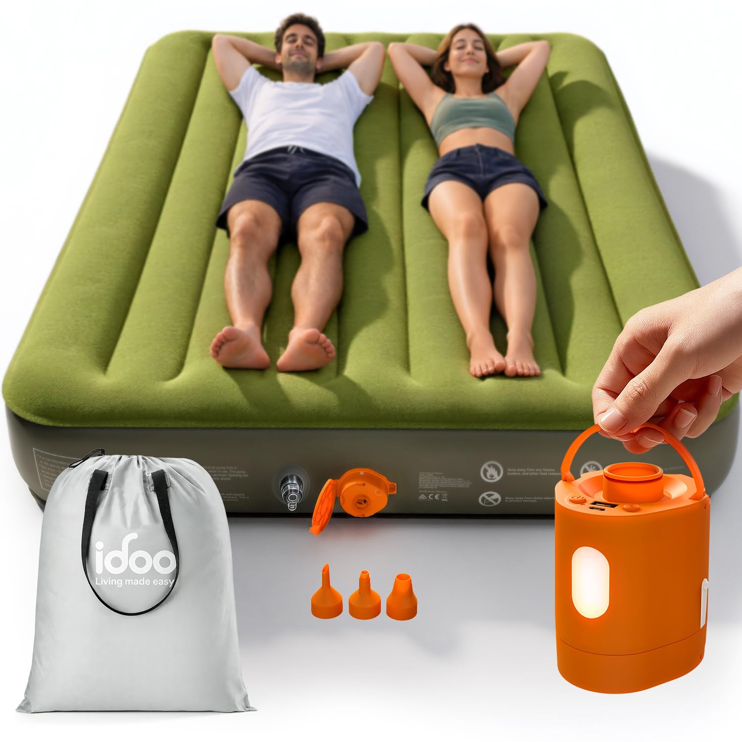 iDOO King Camping Bed, Inflatable Air Mattress with Rechargeable Cordless Pump, Blow Up Mattress Self Inflating in 2 Mins, No Outlet Needed for Outdoor, Tent, LED Light, USB Charging Inclued — image 1