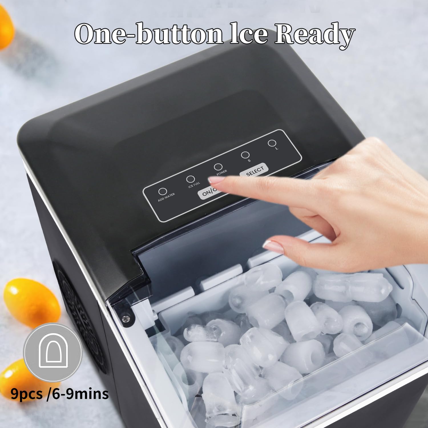Macchina per cubetti di ghiaccio compatta da 120 W, piccola, 9 cubetti di ghiaccio in 6 minuti, 12 kg/24 h, con sensore a infrarossi e autopulente, macchina per cubetti di ghiaccio per cucina, ufficio