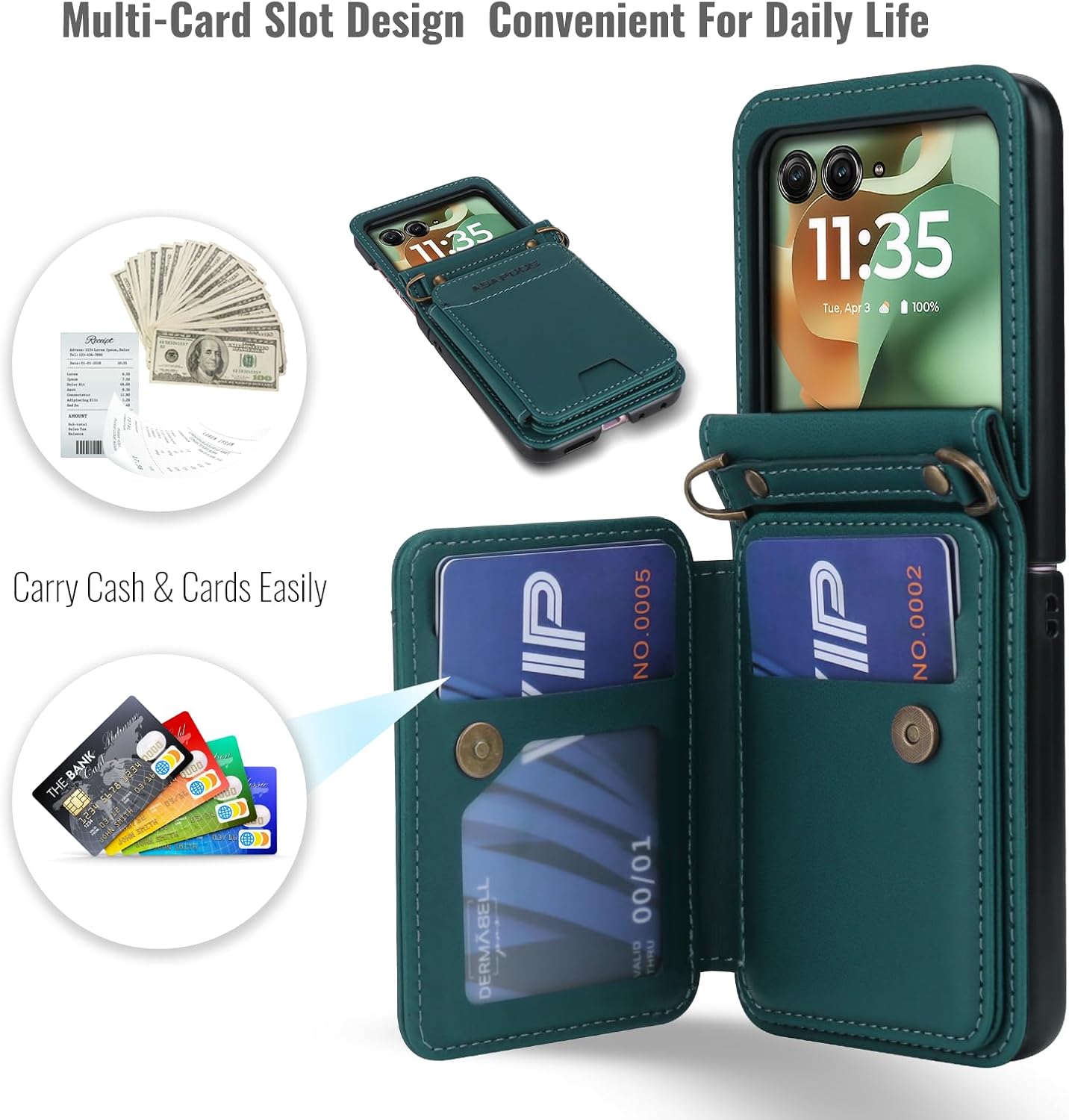ASAPDOS for Motorola Razr 2025/2024 Wallet Case - 5 Card Slots RFID Blocking | Detachable Crossbody Strap & Wristlet | Snap Magnetic Cover | Shockproof PU Leather Blue Green