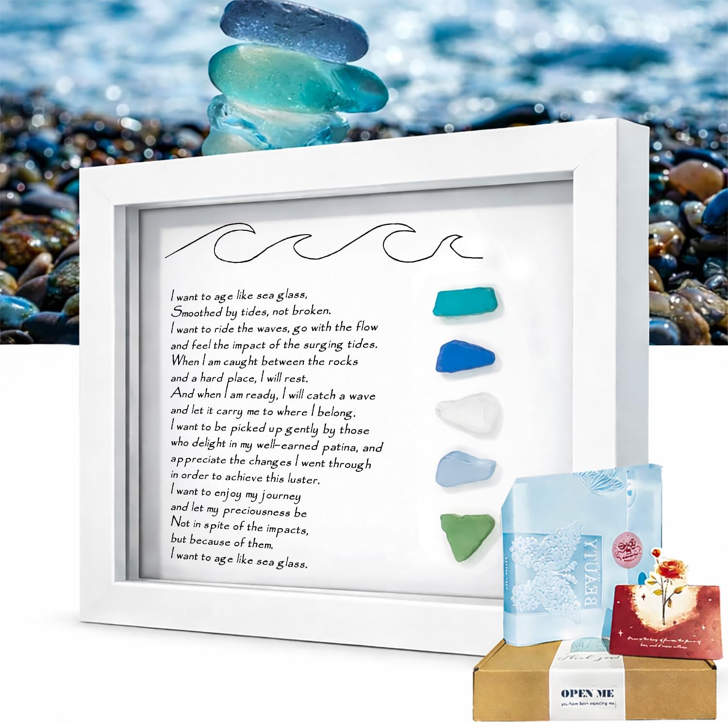 UQRUI Handmade Sea Glass Poem, Sea Glass Poetic Colorful Stone Picture Frame, SeaGlass Art Framed, I Want to Age like SeaGlass Framed, SeaGlass Gift for Women，Wife，Bestie (White)