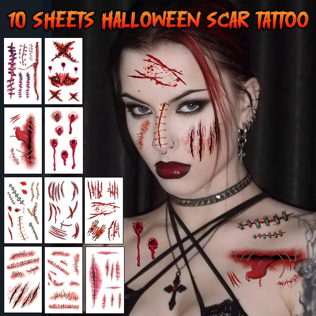 Tatuaż na Halloween, tatuaż z bliznami, kostium na Halloween, kostium dla kobiet i mężczyzn, akcesoria na Halloween, tatuaż na Halloween, Halloween, imprezę