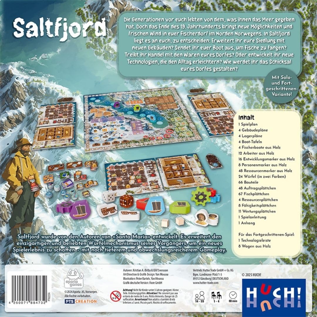 HUCH!, SALTFJORD, Gesellschaftsspiele, Strategisches Fischerdorf-Abenteuer mit innovativem Würfelmechanismus, Ideal für spannende Spielabende, Für 1–4 Spieler ab 14 Jahren