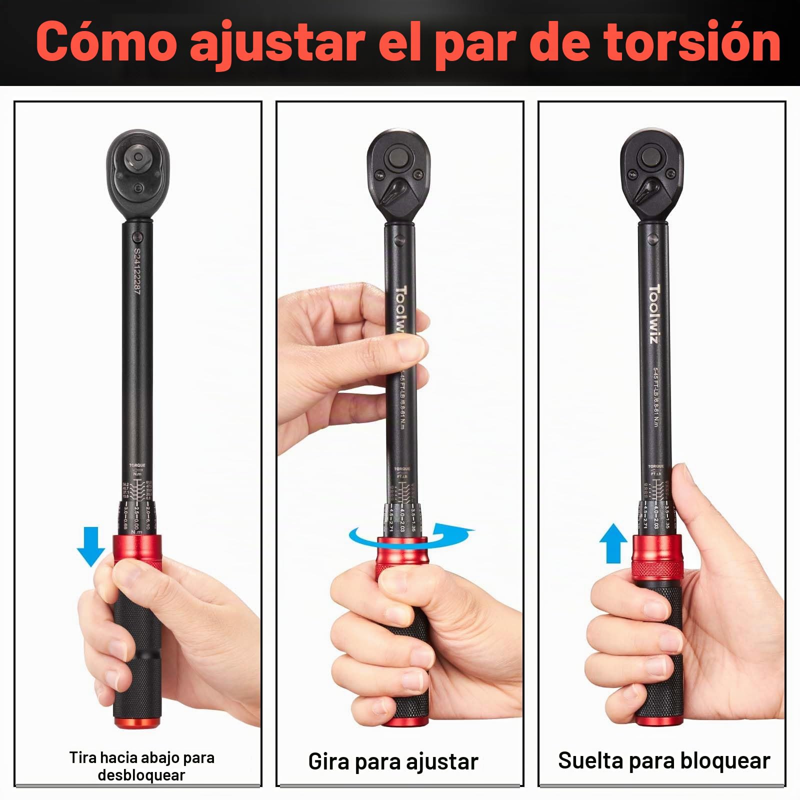 Toolwiz Llave Dinamométrica de 3/8", 6.8-61 Nm/5-45 Ft-Lb Llave de Torque, Precisión ±3%, Cabezal Reversible de 72T Llave Dinamométrica para Coche, Camión, Moto