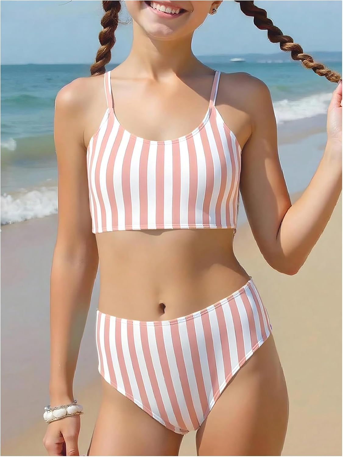 RoseSeek Girls 2 Piece Striped Bikini Set Spaghetti Strap Swim Top with Thong Bottom Cute Swimsuits for Teen