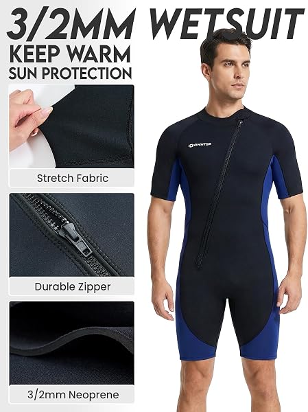 Owntop Muta da uomo Shorty 3 mm - Neoprene Shorty con cerniera frontale, a maniche corte per surf, nuoto, immersioni e triathlon - 4