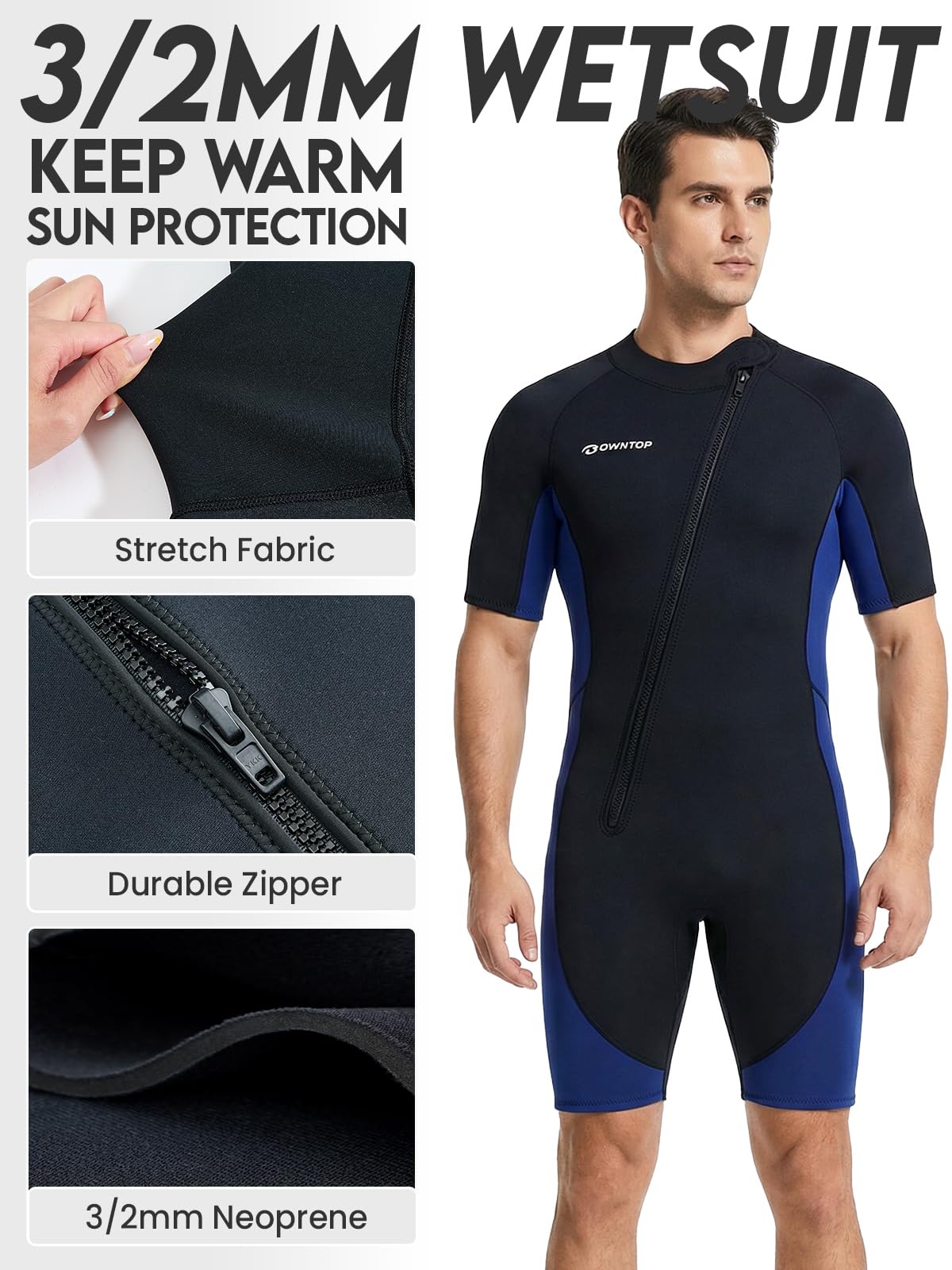 Owntop Muta da uomo Shorty 3 mm - Neoprene Shorty con cerniera frontale, a maniche corte per surf, nuoto, immersioni e triathlon - 5