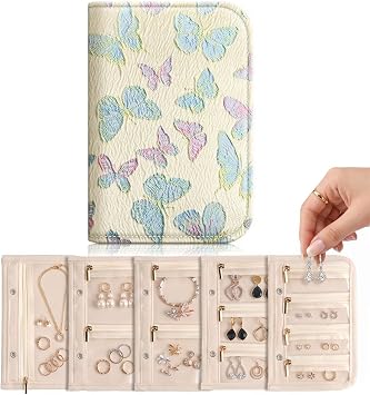 Jacquard Fabric Travel Jewelry Organizer Album, Elegant Jewelry Binder with 5 Refillable Pages & 12 Anti-Tarnish Zipper Pouches, Portable Case for Necklaces, Earrings, Rings - Butterfly