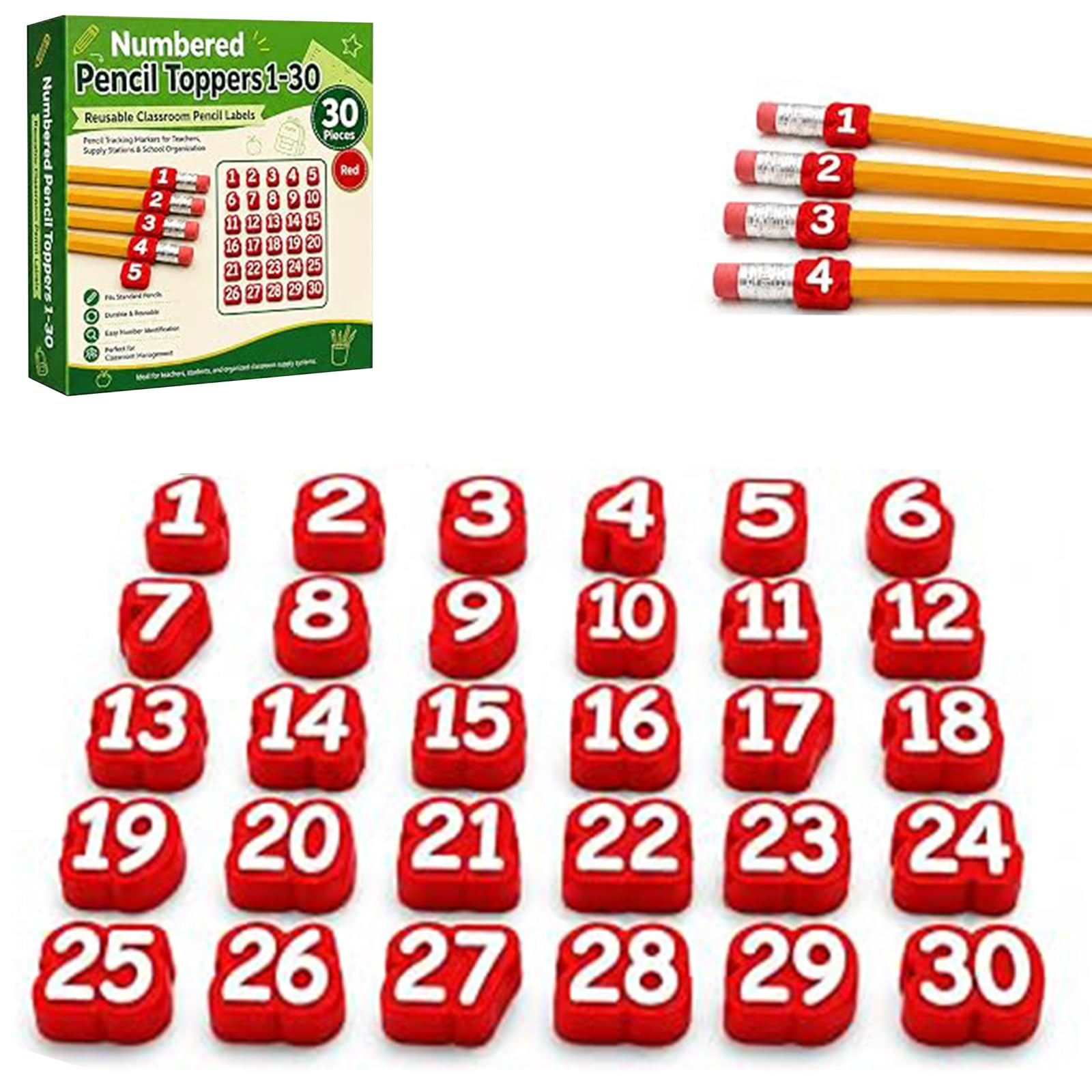 20/30/50 Pcs Numbered Pencil Toppers, Reusable Classroom Pencil Labels for Supply Tracking Station & Organization, Classroom Management Must Haves for Teachers (Red, Number 1-30) โ image 1