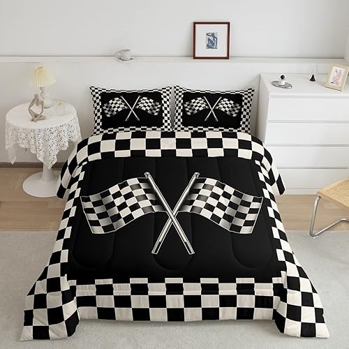 Castle Fairy Juego de edredón con bandera a cuadros, juego de ropa de cama en blanco y negro para niños, niñas, mujeres y adultos, edredón con