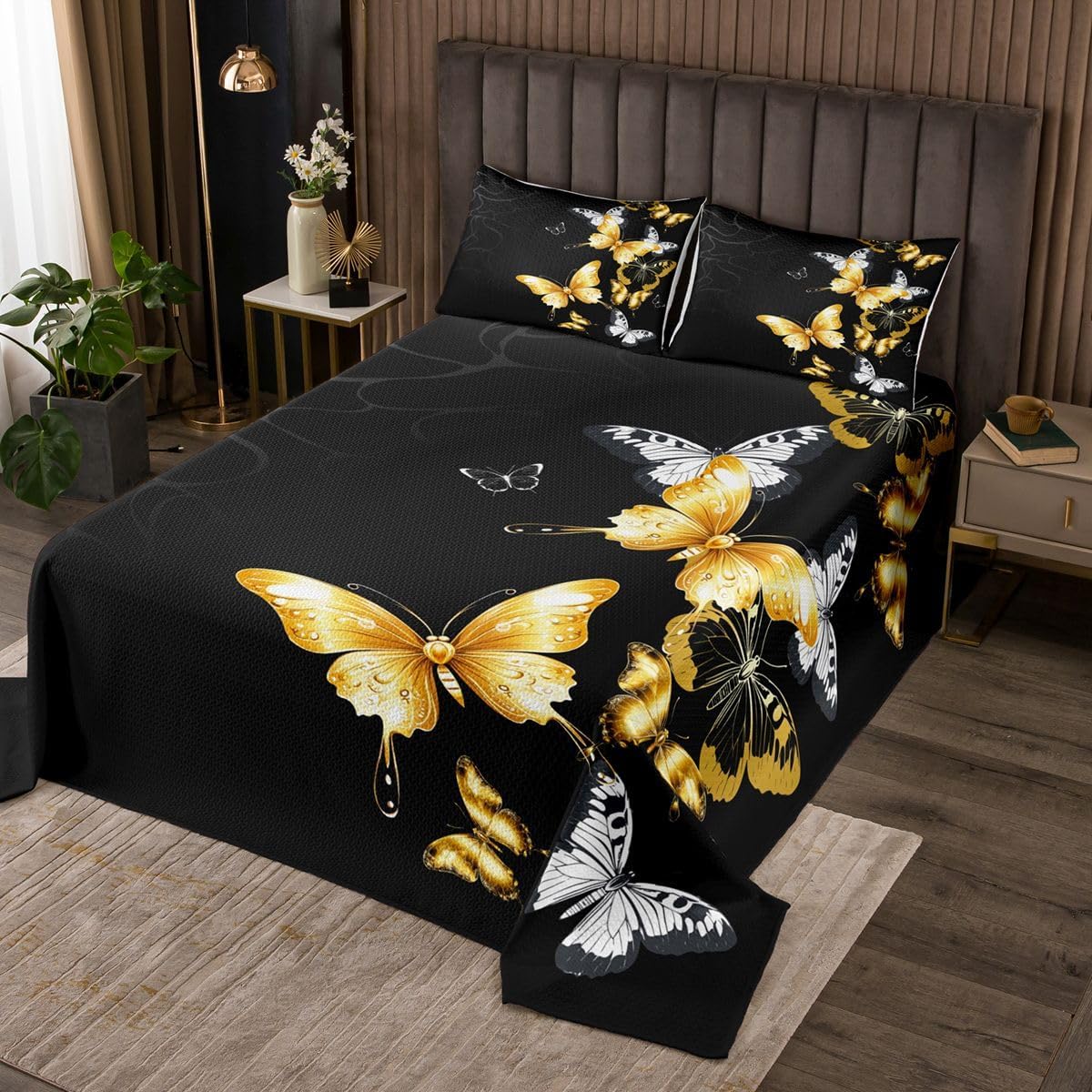 Erosebridal Butterfly Bedspread King Size for Girls Boys Women Bedroom Decor, Black and Gold Quilted Silver Gold Bedding Set, Soft Luxury Microfiber Coverlet Set, 1 Bedspread + 2 Pillow Cases