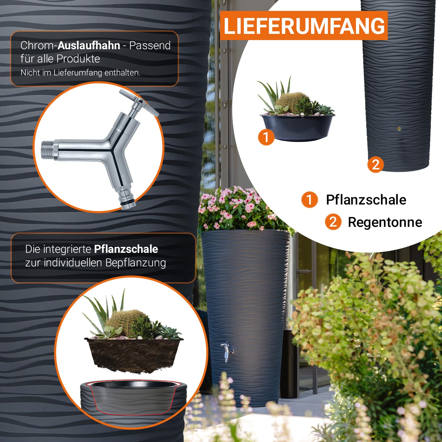 GARANTIA Natura 2in1 Regentonne 350 Liter Graphite Grey inkl. Pflanzschale | Wassertank, Regenfass, Regenwassertonne, Wasserbehälter, Regenwassertank, Wasserfass, Wassertonnen für Garten