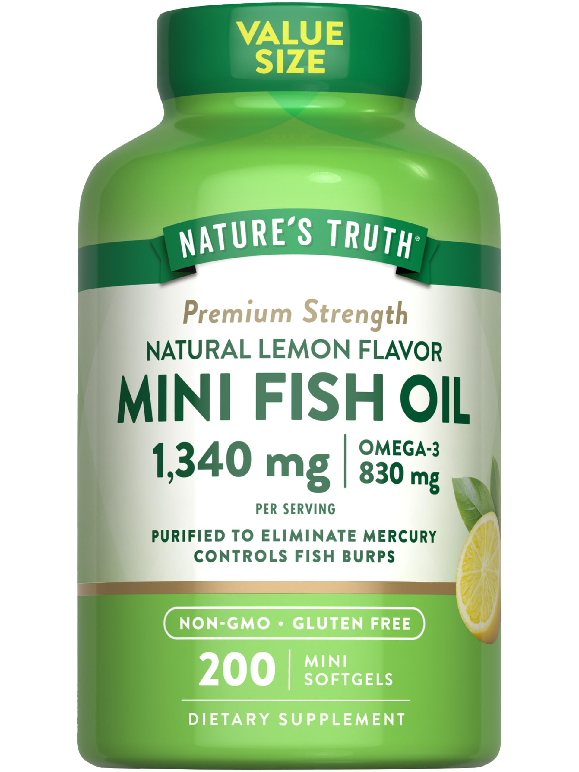Fish Oil Omega 3 | 1340 mg | 200 Mini Softgels | Burpless Lemon Flavor Pills | Non-GMO & Gluten Free Supplement