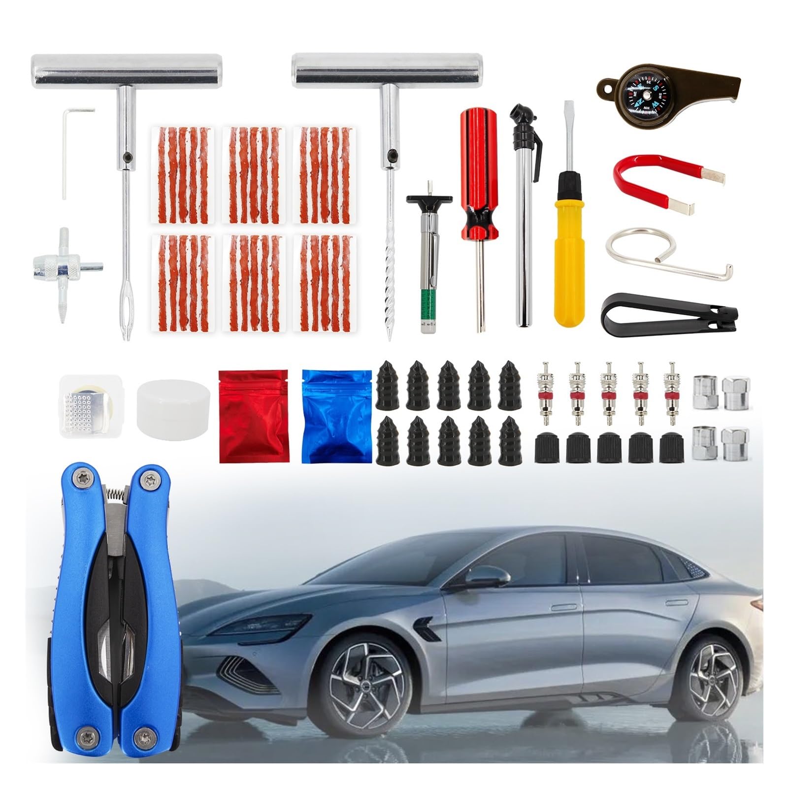 Herramientas de reparación de neumáticos de Coche, alicates multifunción 13 en 1, reparación de neumáticos al vacío, Clavos for Reparar pinchazos y Tapones Planos, Kit de Parche Universal