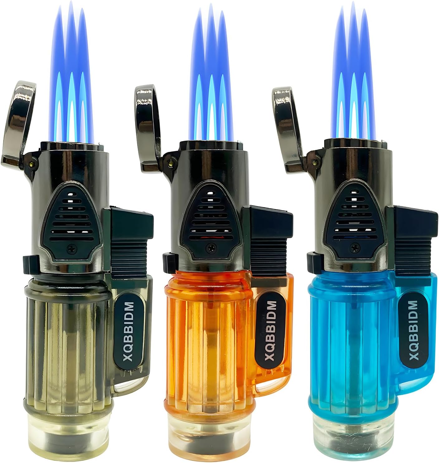 Torch Lighter, 3 Pack Jet Triple Flame Butane Lighters, Adjustable Windproof Flame Lighter with Transparent Fuel Window & Flame Fixed Lock, Portable Torch Lighters for Candle Camping (Without Butane)