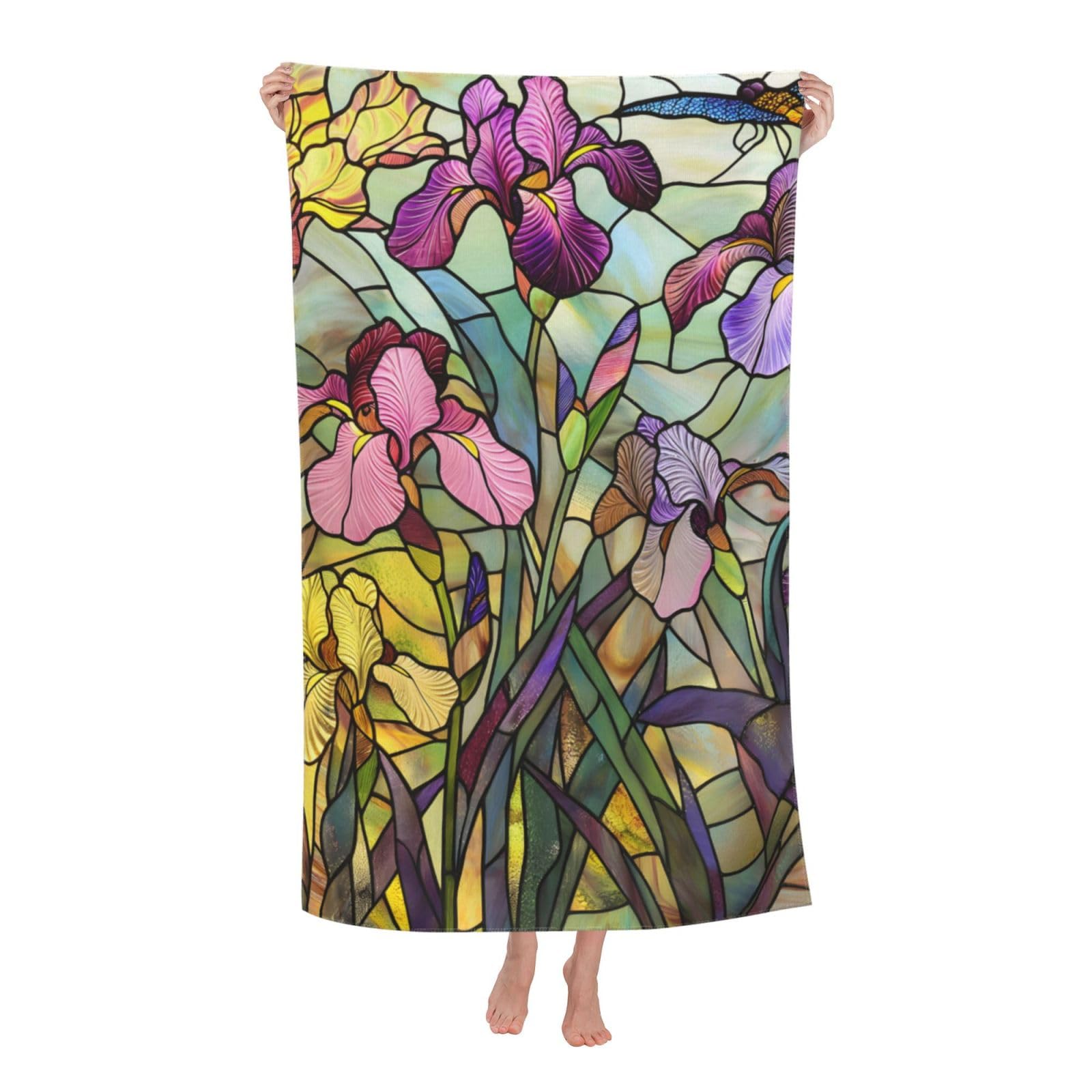HLBSDM Stained Glass Irises Beach Towel 31inx51in Floral Sand Free Microfiber Bath Towel Ultra Soft Quick Dry Pool Towel Absorbent Towel Lightweight Towel for Swimming Bathroom Decor