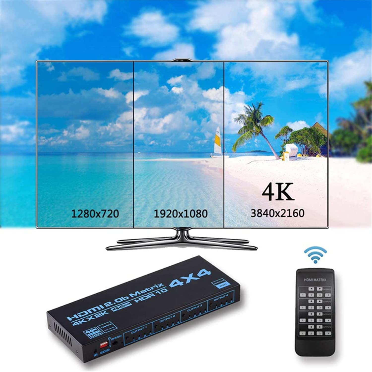 Selettore matriciale 4X4,Matrice 4K HDMI 4 ingressi 4 uscite Matrice HdMI 2.0 Porte 4x4 Supporta 4K @ 60Hz 4K Dolby Vision HDR HDCP 2.2 Supporto del telecomando