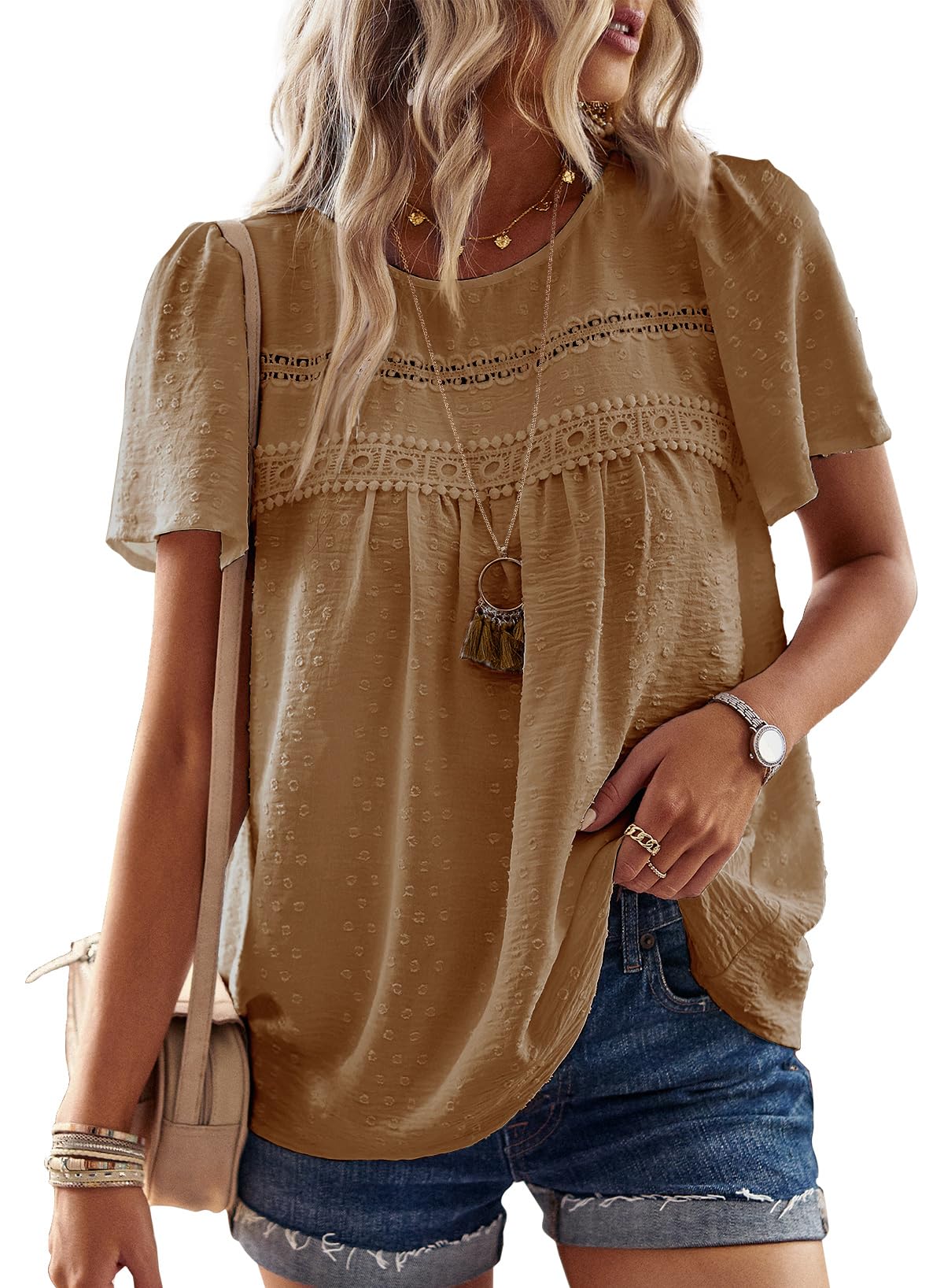 Falechay Womens Summer Tops Flowy Boho Shirts Dressy Casual Short Sleeve