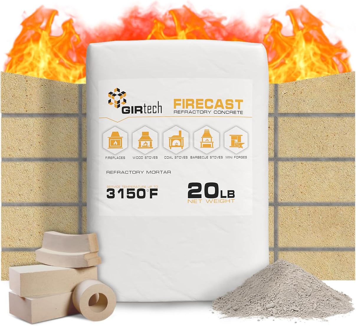 FireCast Castable Refractory Cement Mix 3110 Degree Fahrenheit 20 Lbs High Temperature Heat Resistant Fireproof Mortar Build Repair Pizza Oven Fire Places Forge Kiln Stove