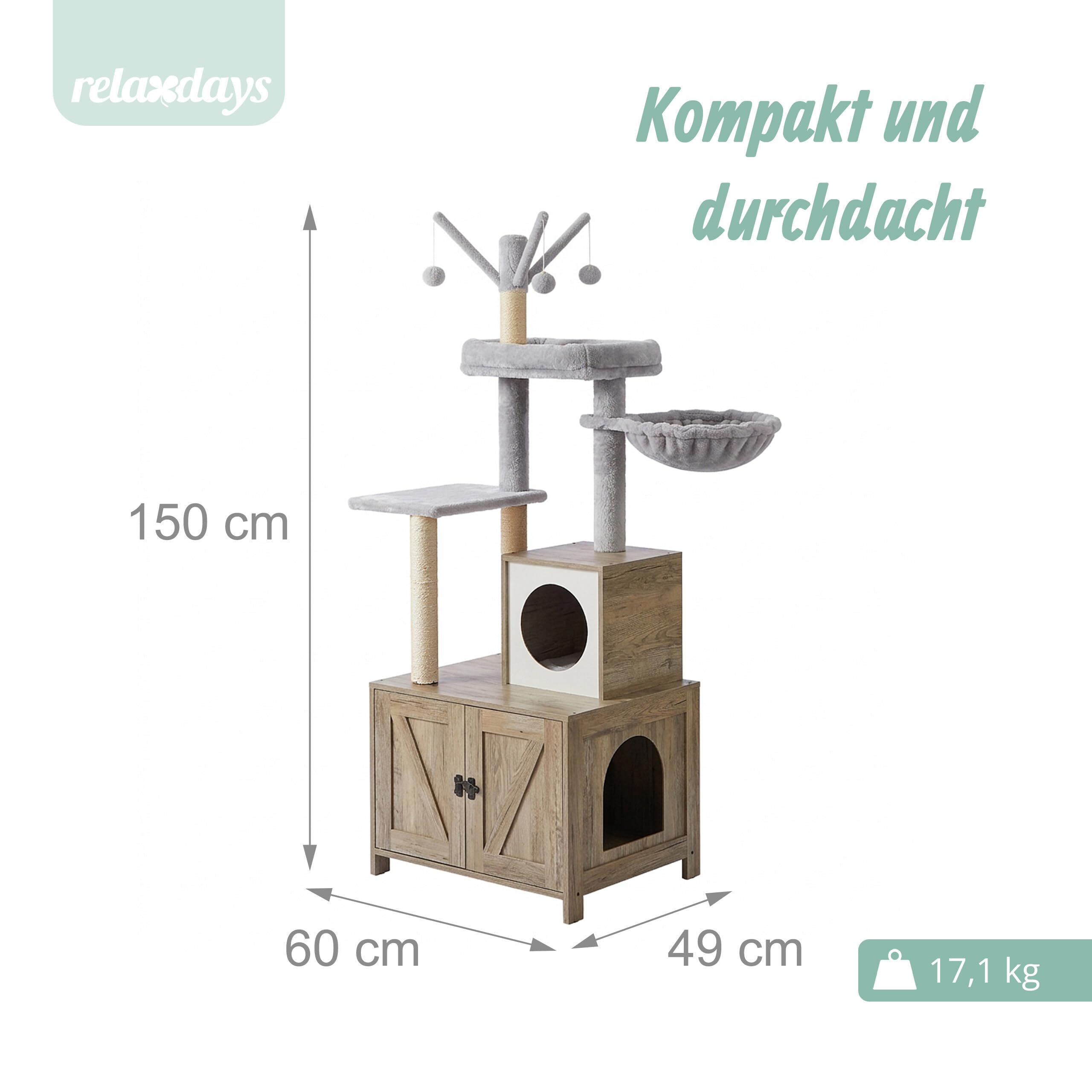 Relaxdays Kratzbaum mit Katzenkloschrank, HxBxT: 150 x 60 x 49 cm, Sisalstämme & Liegemulde, Holzoptik, Hellbraun/weiß