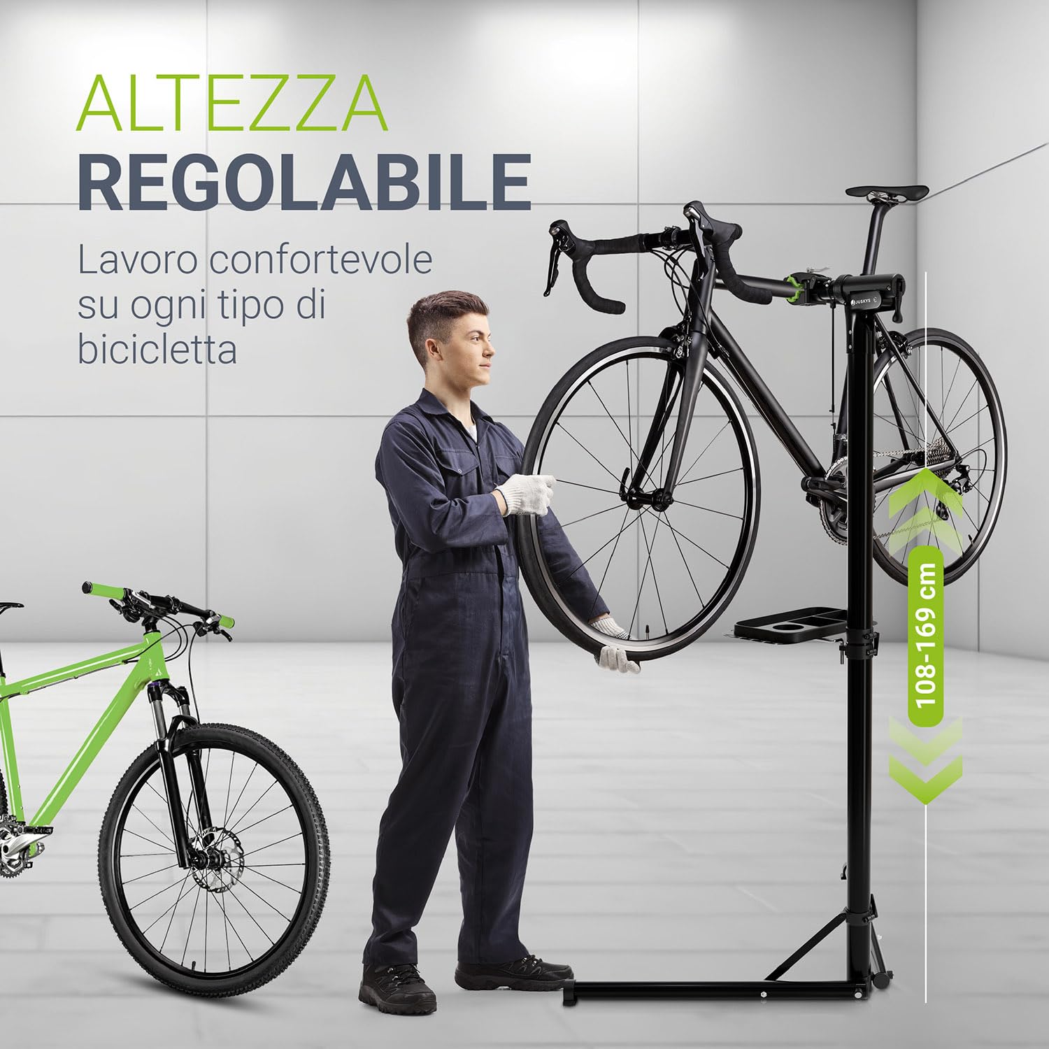 Juskys Cavalletto pieghevole per riparazione bici - Supporto regolabile in altezza con rivestimento in gomma e vassoio portautensili - Per biciclette fino a 50 kg