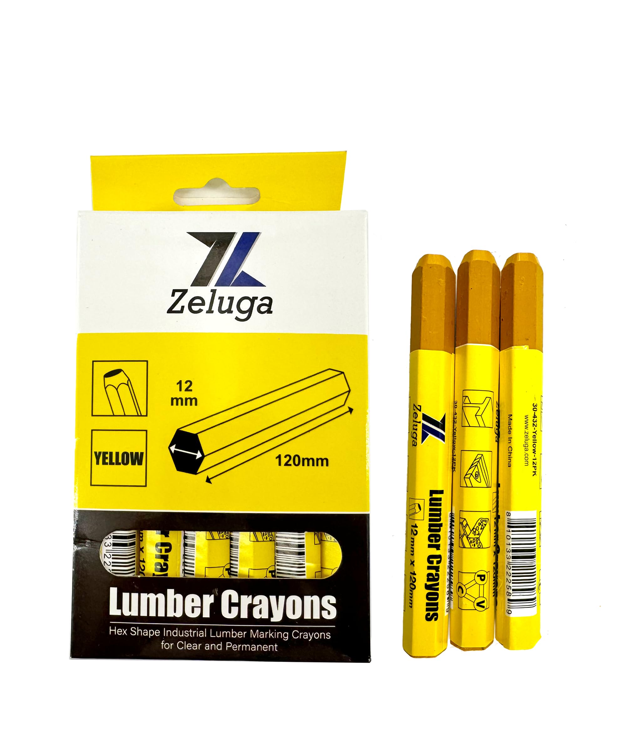 Zeluga 4.7in. x 0.47in. Hex Shape Industrial Lumber Marking Crayons for Clear and Permanent Markings, Yellow 12 Pack