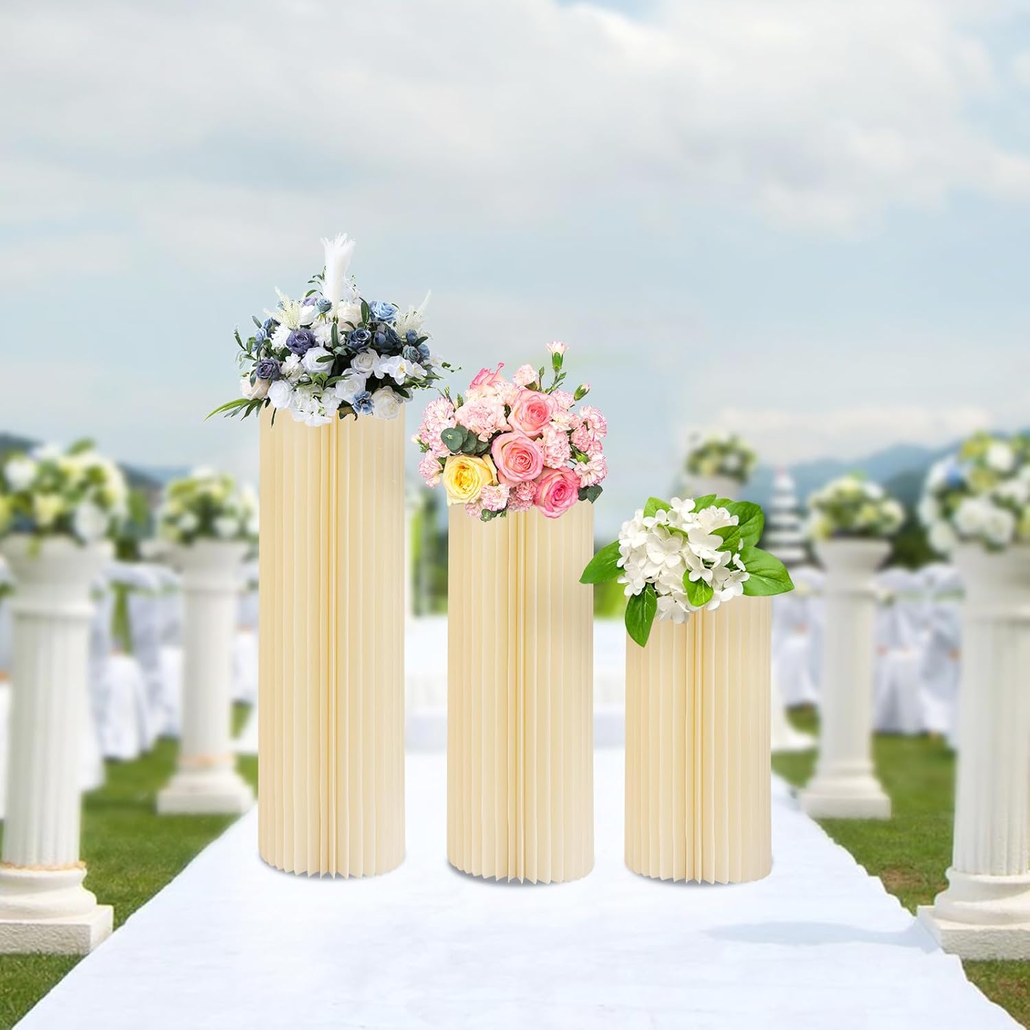 3 PCS Cylinder Flowers Stand, Dessert Table, Foldable Paper Columns Pillars Display for Wedding Garden Decoration with Bulbs