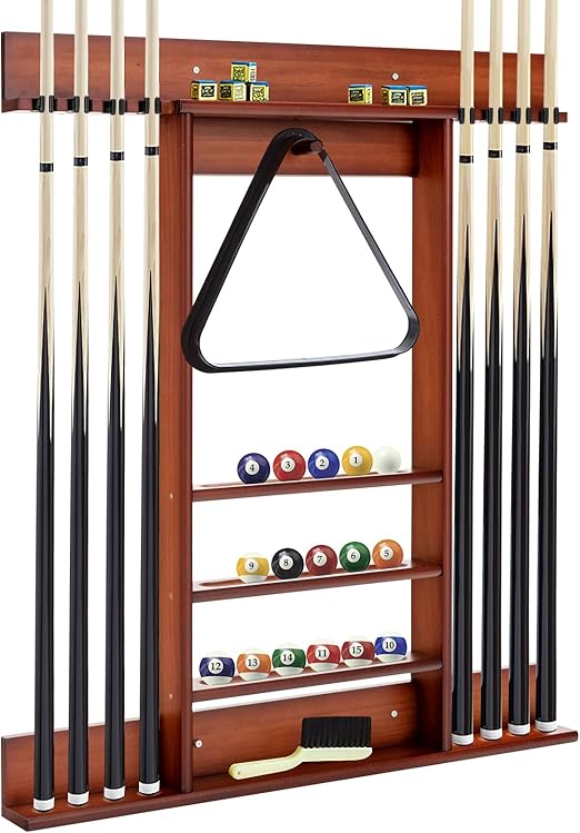 GYMAX Pool Cue Rack, 8 Cue WallMounted Pool Stick Holder with 15