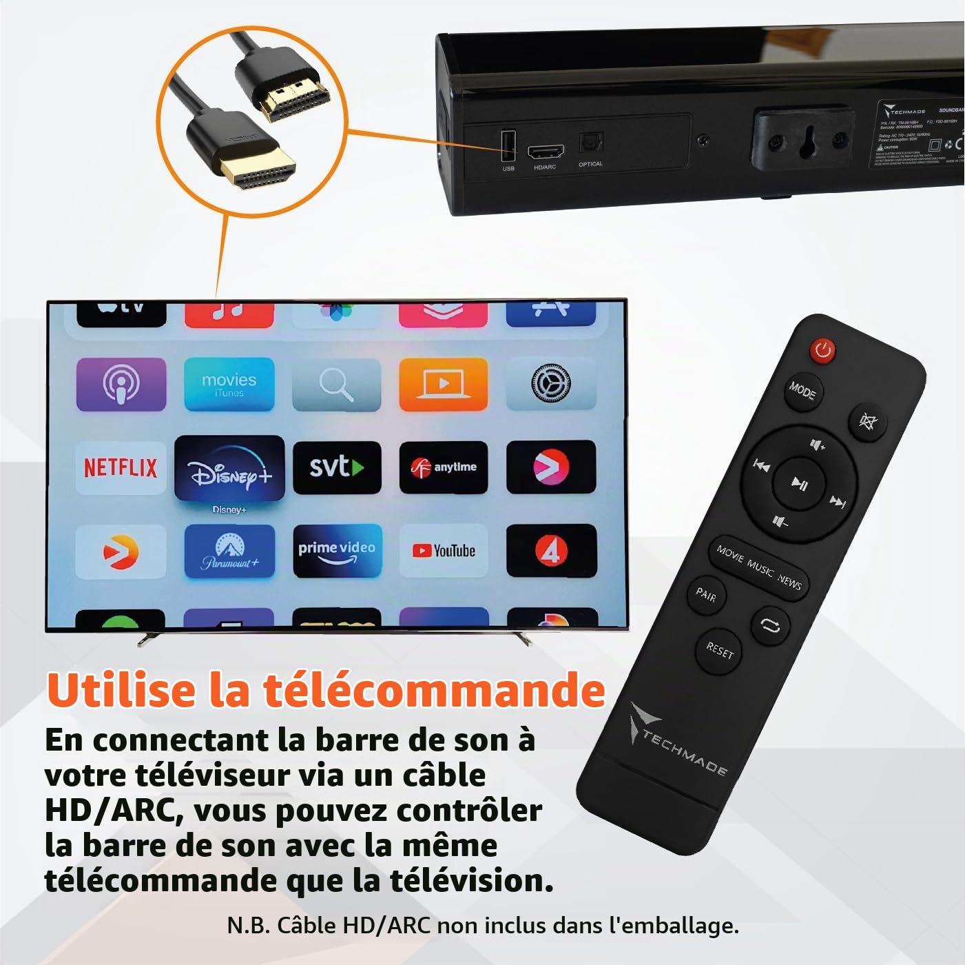TECHMADE Barre de son TV 2.0 Bluetooth - Puissance maximale 120 W - Entrées HDMI ARC/USB/AUX/optique - Audio puissant, basses profondes - Compacte, installation murale