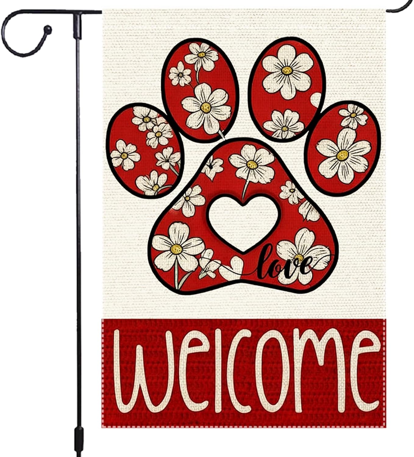 Valentines Day Garden Flags Love Paw Print Garden Flag Welcome Garden Flags 12x18 Inch Double-Sided Burlap with Red Flowers and Heart for Dog Lovers
