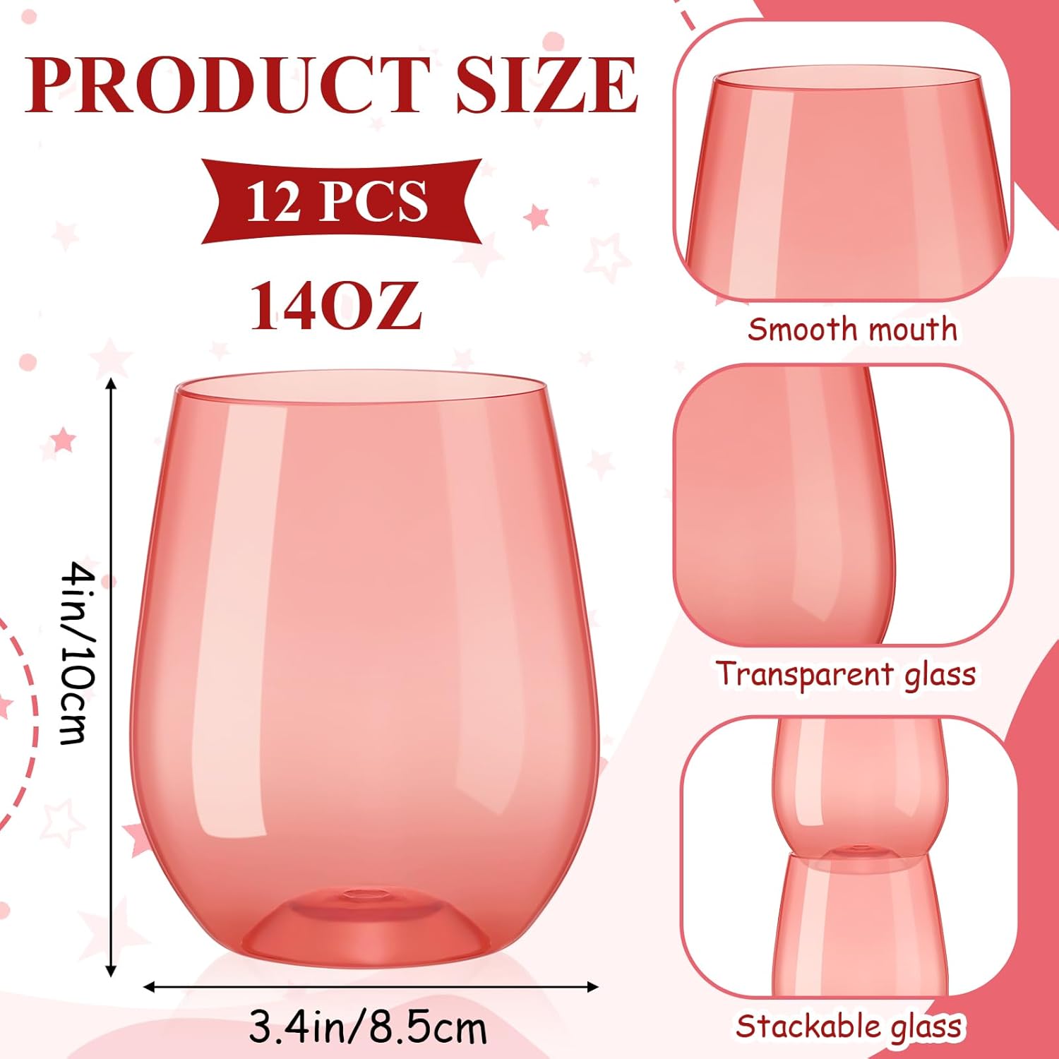 Tioncy 12 Pcs Pink Red Plastic Stemless Wine Glasses Bulk Reusable Colored Unbreakable Valentines Party Wine Cups for Indoor Outdoor Dining Wedding Birthday Cocktail Champagne, 14 oz(Crystal Red)