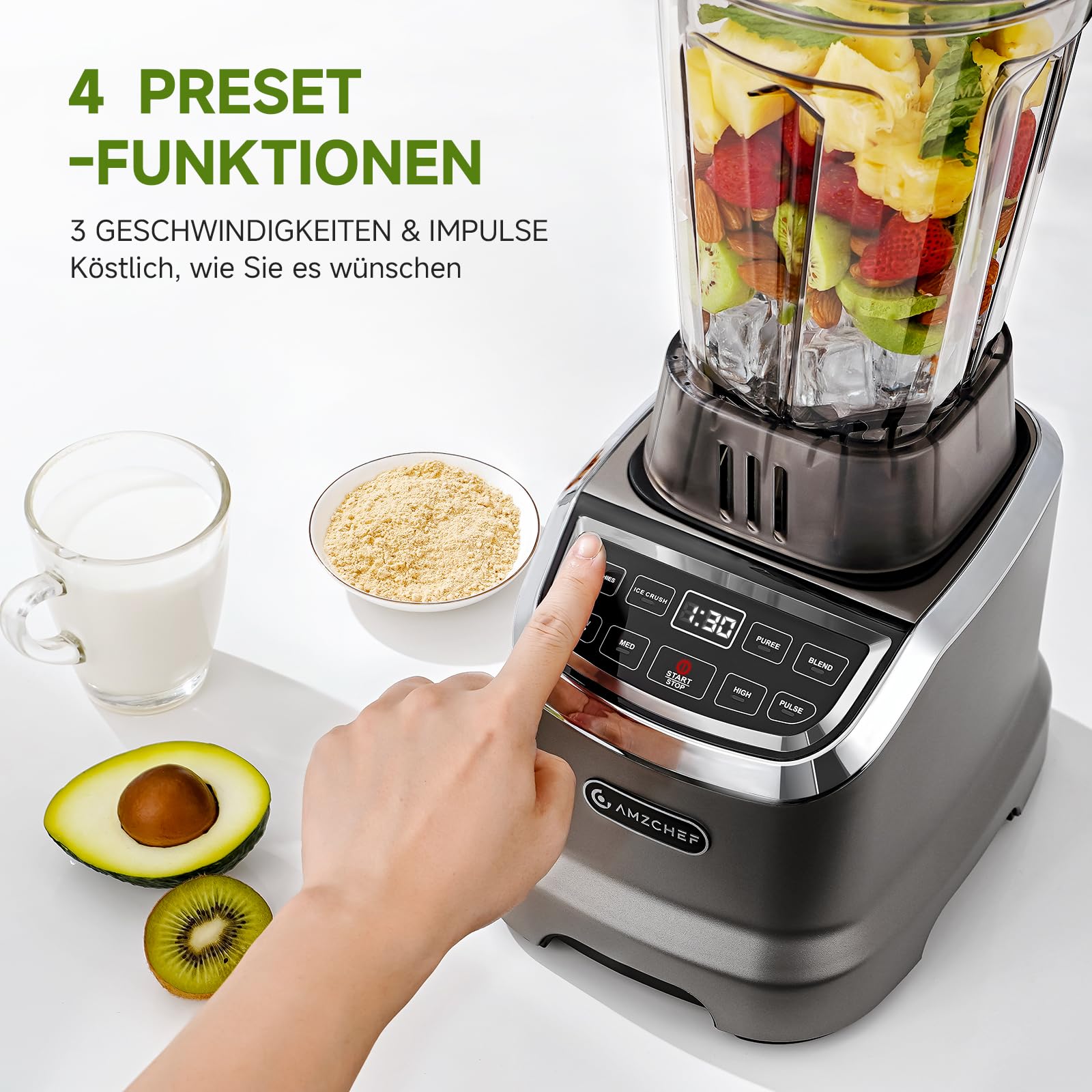 AMZCHEF 2-IN-1 Standmixer mit Zwei Mischbehälter - Blender mixer Hochleistungsmixer 1800 Watt - 1,85 Liter&600ML mixer Smoothie Maker mit 6 Klingen - Tragbarer 600ml Bullet Mixer mit Deckel - Grau