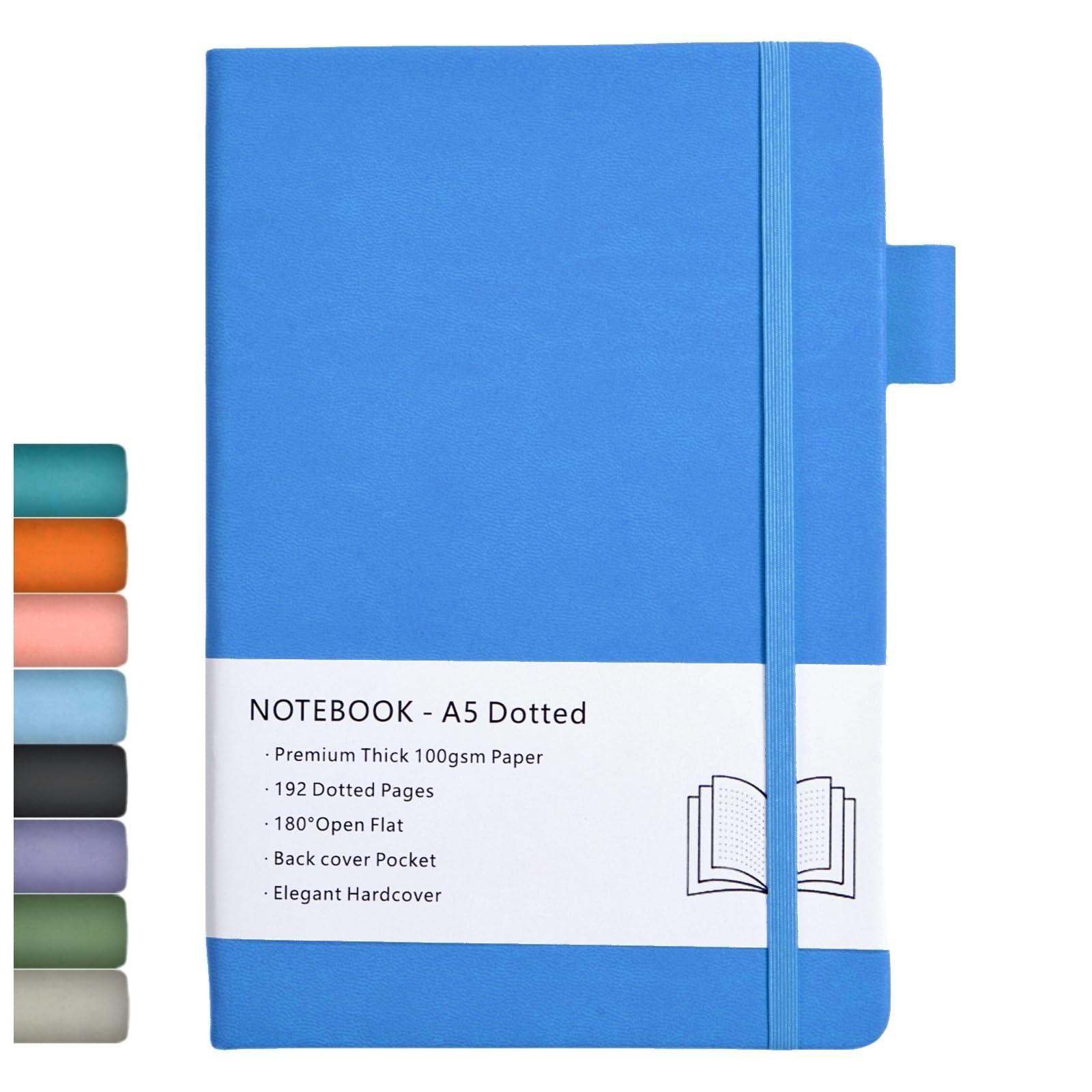 Dotted Notebook, A5 Hard Cover Dotted Journal with Premium 100 GSM Thick Paper, Pen Loop, Inner Pocket, Elastic Banded, Faux Leather Cover, 192 Pages, 14.5X21.3 cm (Azure Blue)
