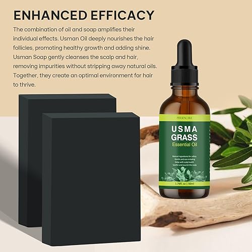 Miniatura 3 de Barra de champú natural de jugo Usma + juego de aceites esenciales, oscurecimiento y crecimiento del cabello, jabón de depilación gris para hombres