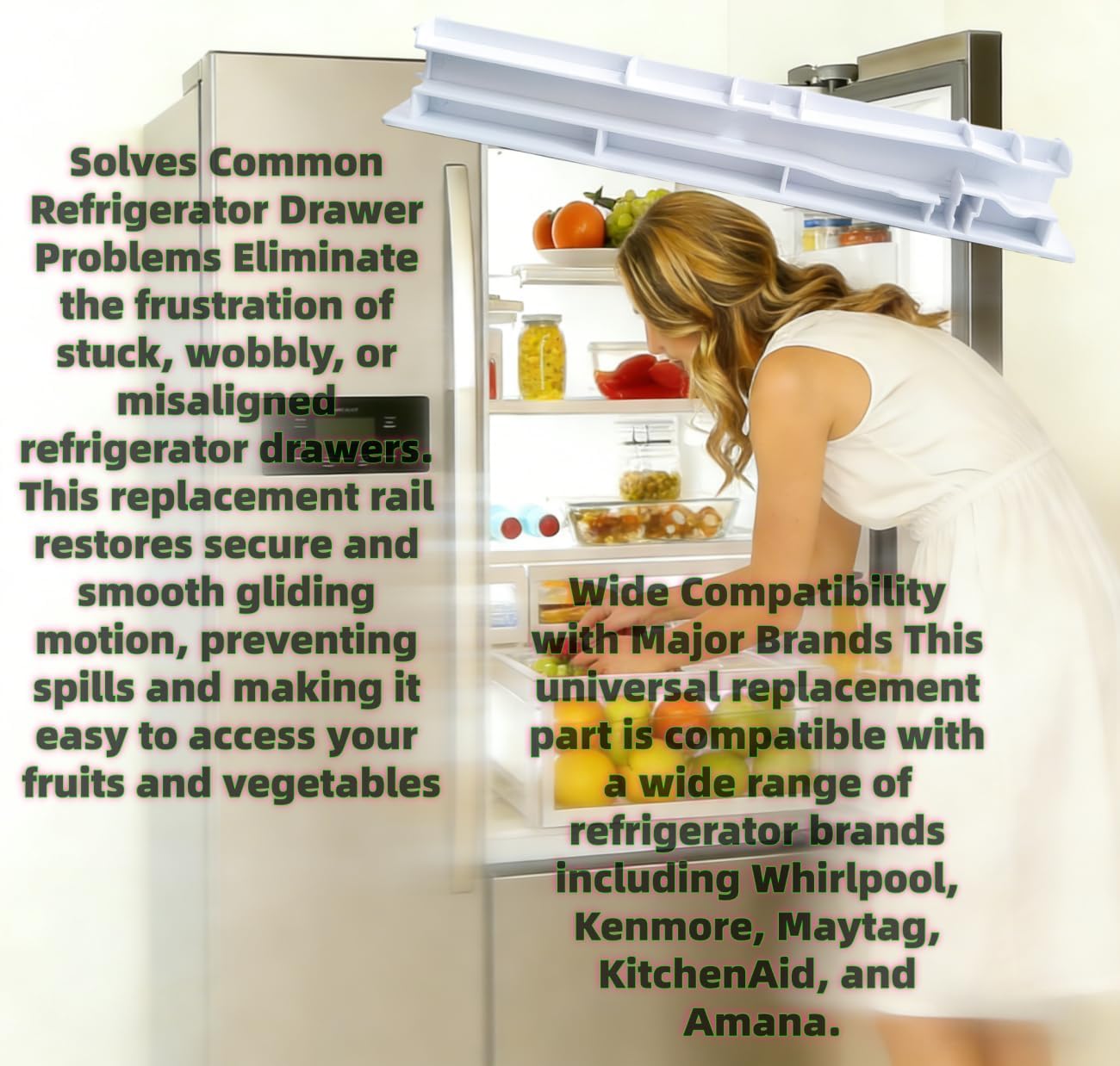 Refrigerator Center Drawer Slide Rail - Exact Replacement for Whirlpool Kenmore Maytag KitchenAid Amana Fridges - Replaces W10326469 WPW10326469 8208326 67004514 12796401