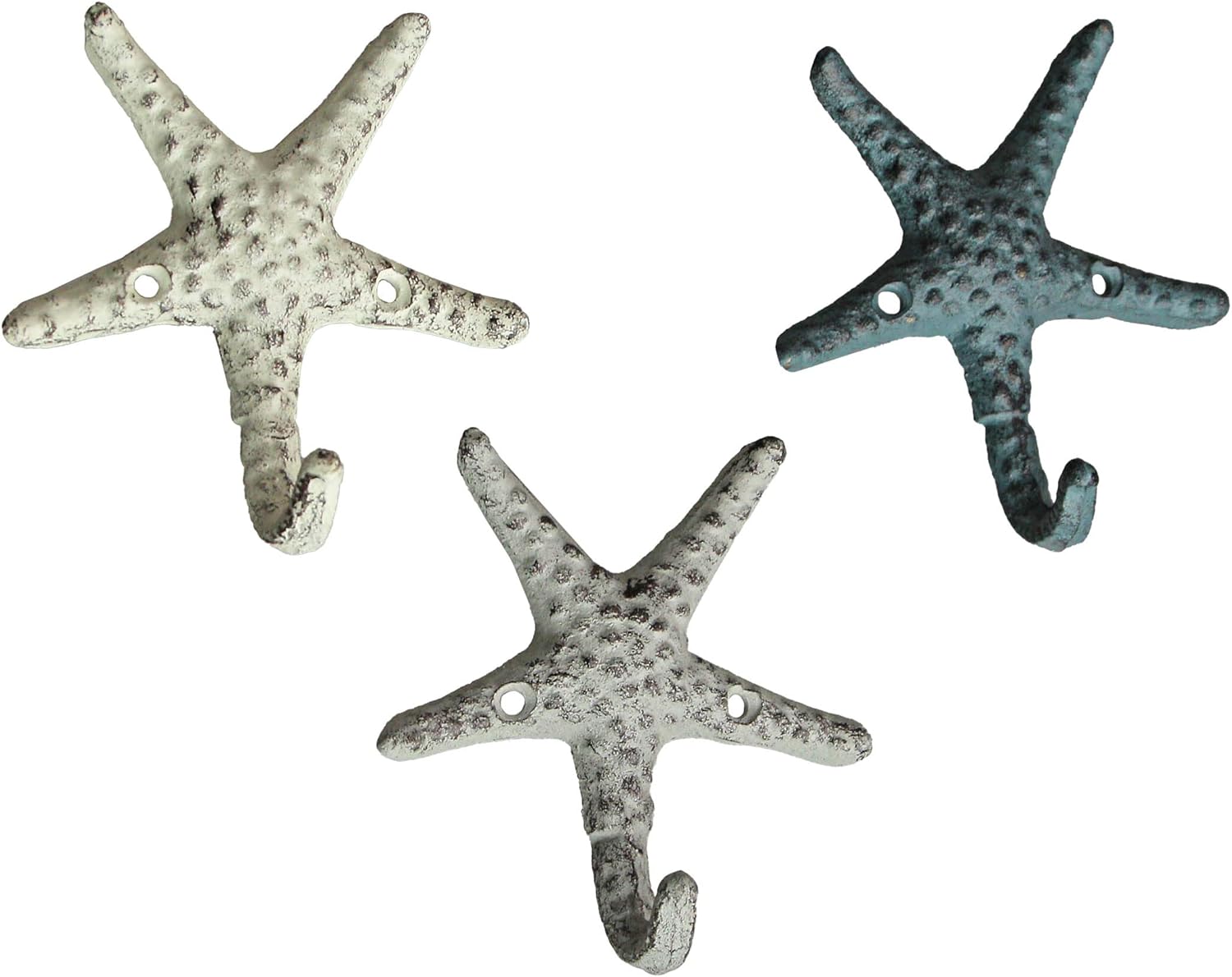Zeckos Set of 3 Cast Iron Nautical Starfish Wall Hooks - Stylish and Functional Towel, Hat, and Key Hangers - Rustic 4-Inch Decorative Hooks for Coastal-Themed Home