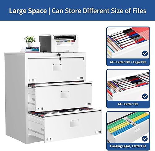 Miniatura 4 de Archivador lateral de 4 cajones de metal para oficina en casa, gabinete de almacenamiento de archivos blanco con cerradura para tamaño cartalegal