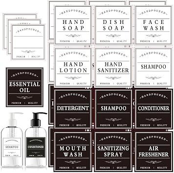 Black and White Soap Dispenser Sticker, Reusable Label for Glass and Plastic Conditioner Bottles, Mouthwash Dispenser Label (25 PCS/B&W)