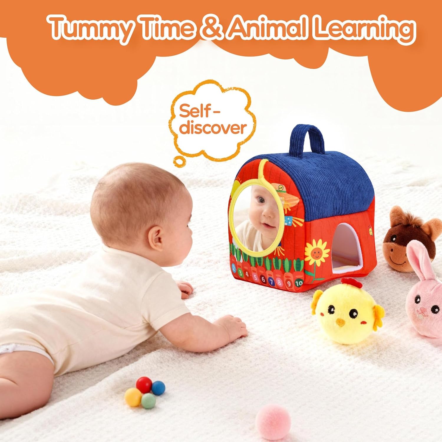 Baby Toys 6-12 Months, Soft Barn Montessori Sensory Infant Toy for 6 7 8 9 10 Month Old, 1st Birthday Baby Gifts for 1 Year Old Boy Girl, Stuffed Farm Animals, Rattle Squeaky Crinkle Sound