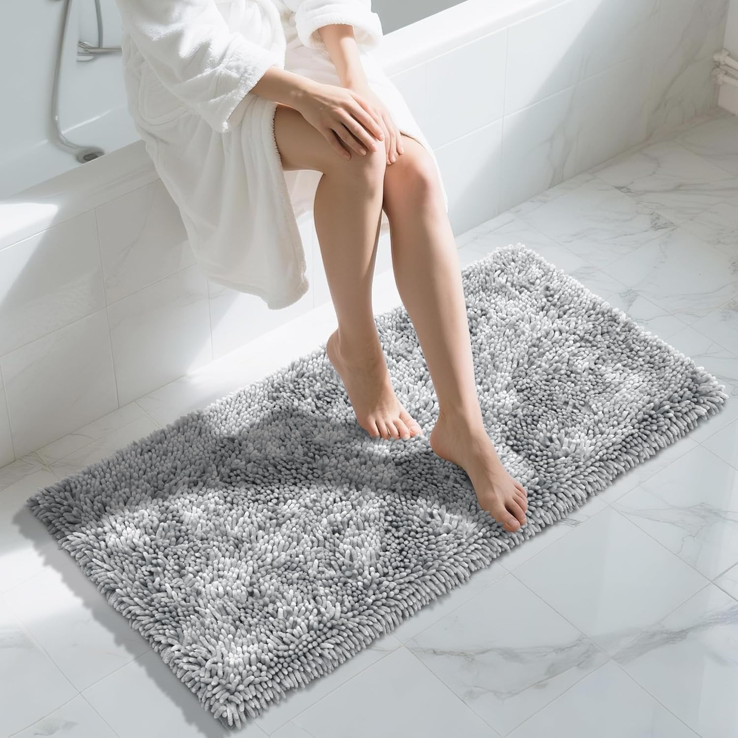 Yimobra Luxury Chenille Bath Mat, Extra Soft and Absorbent Shaggy Bathroom mats Non Slip, Machine Washble Dry, Plush Floor Carpet for Tub, Shower, and Bath Room, Light Grey, 112 x 61 cm