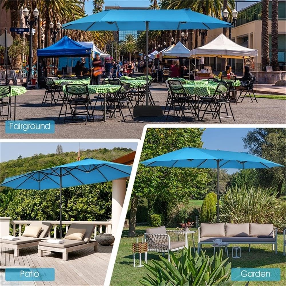 Pemberly Row 15FT Patio Double-Sided Umbrella, Polyester Canopy, Metal Frame, Crank System, Blue Finish, Air-Vented Design, Wide Shade Coverage for Outdoor Patios, Gardens, or Commercial Spaces